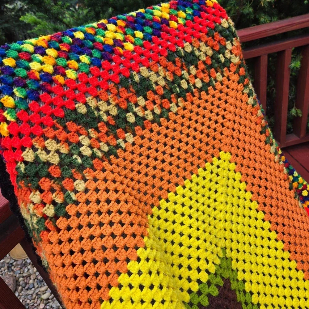 Variegated Crochet Granny Square Afghan Orange Yellow Granny Core Cottage Core